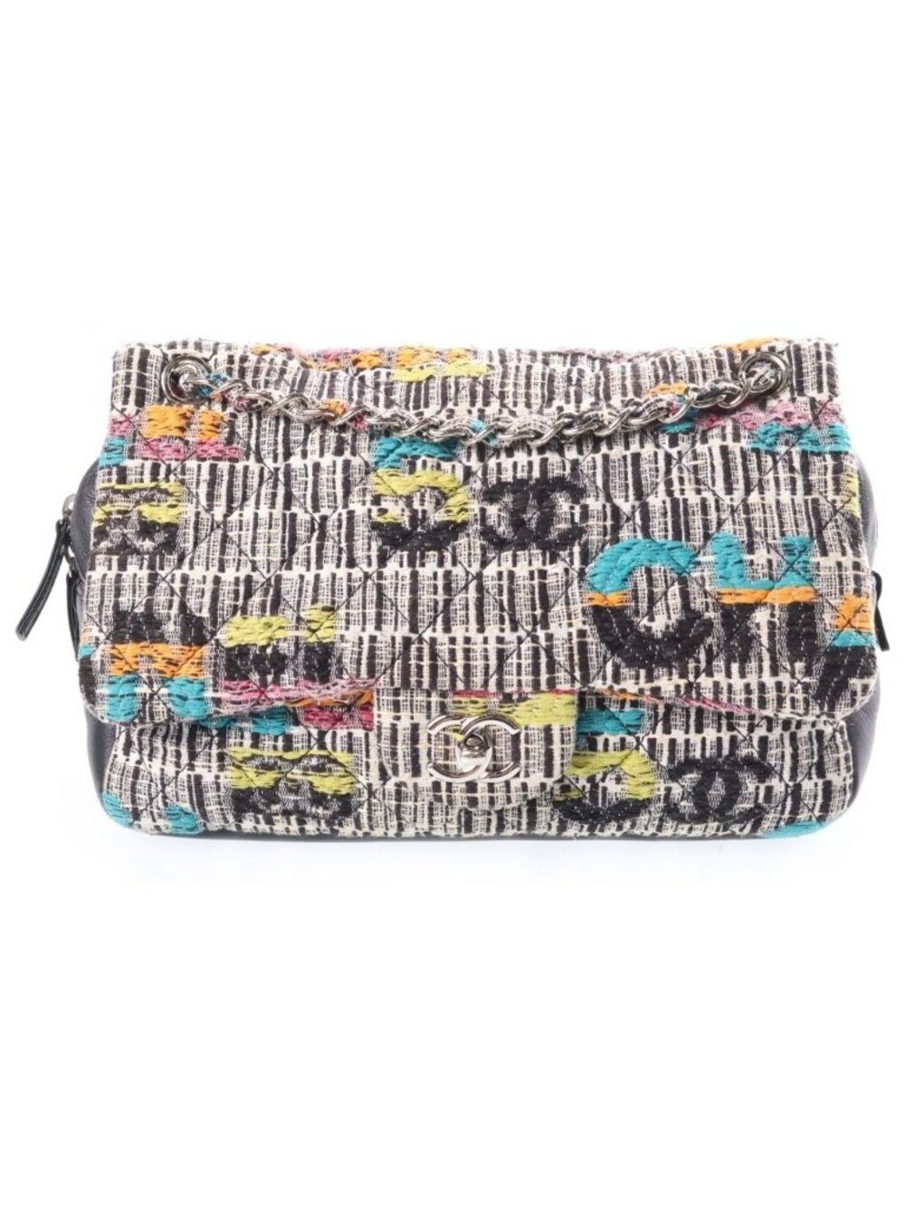 Chanel Quilted CC Logo Double Flap Chain Tweed Shoulder Bag Multicolor Leather